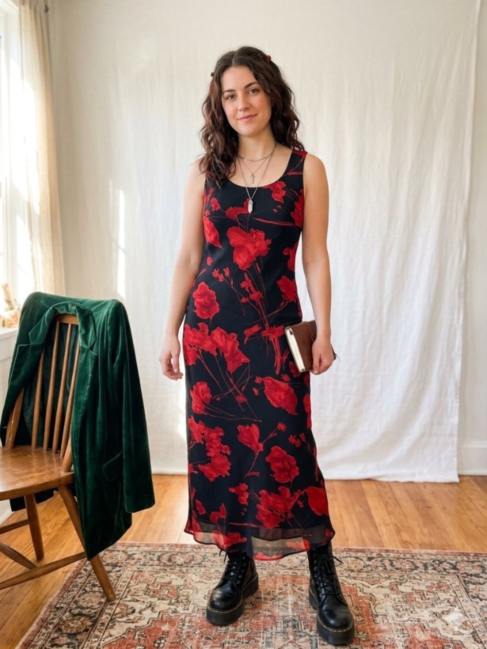 premier international dress Small black red floral romantic whimsigoth witchy